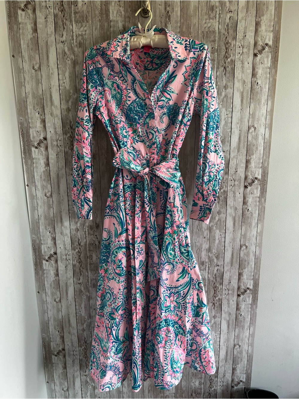 Lilly Pulitzer Mira Stretch Pink and Teal Midi Shirt Dress Size 6